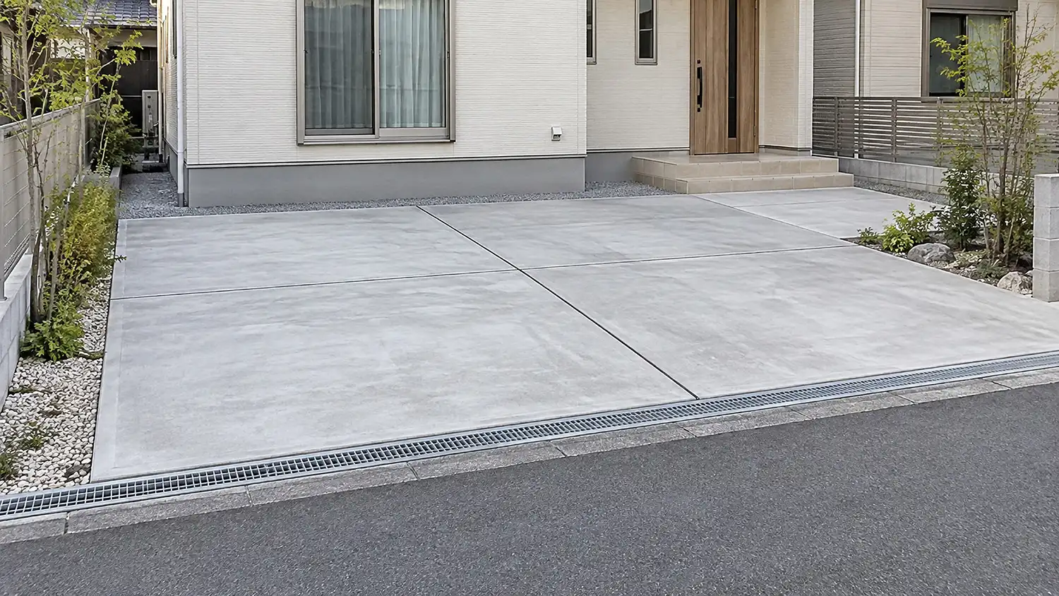 駐車場二台分の土間コンクリート工事の参考例。目地で3つに割り、道路側に側溝を通した仕上げ